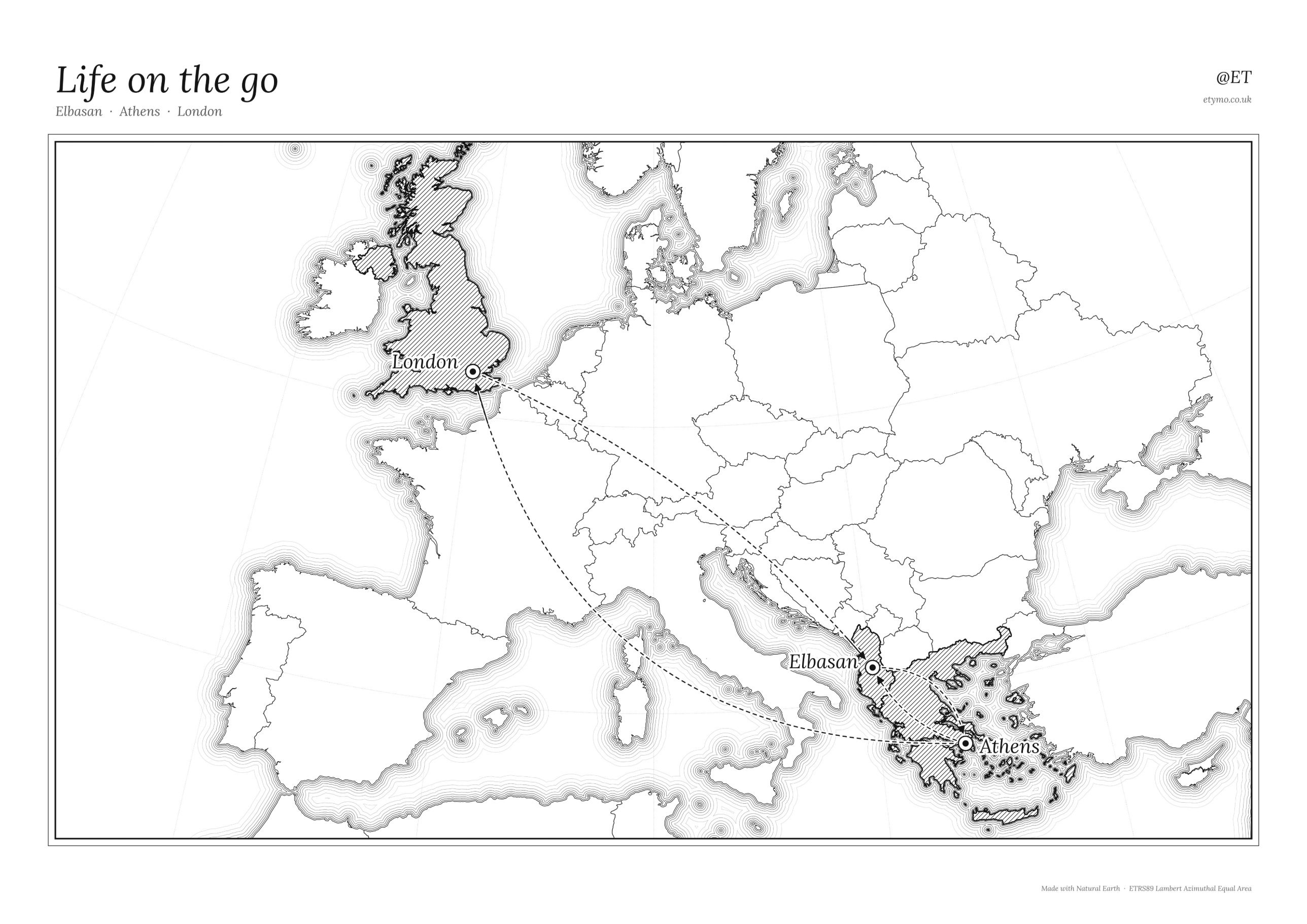 Black and white map of Europe with Albania, Greece and the UK hatched, and dashed arrows linking Elbasan, Athens and London
